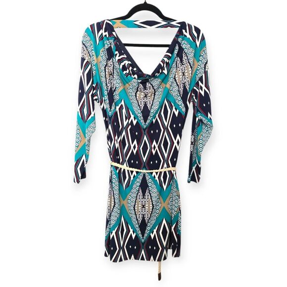 Laundry by Design Size S Belted Shift Dress Black Aqua Aztec Cowl Stretch Career - Picture 2 of 5